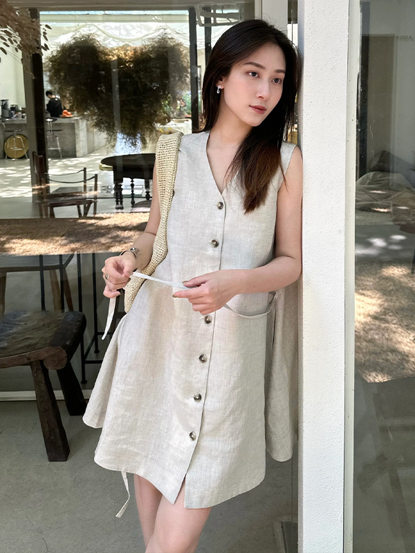 Standard Fit Linen-Cotton Blend Mini Umbrella Skirt in Beige-Gray, 2026 Spring-Summer New Women's High-End Dress