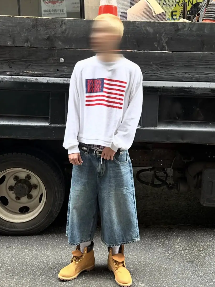 Street-Style American Casual Printed Textured Waffle Heavy-Weight Short Loose Fit Unisex Long-Sleeve Base Shirt for Men