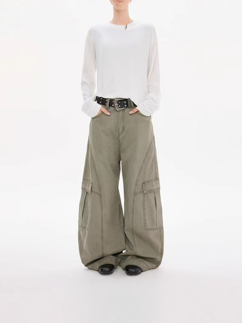 American Retro Deconstructed Green Work Pants with a High-End Feel, Loose Wide-Leg Baggy Pants for Men and Women, Trendy Brand