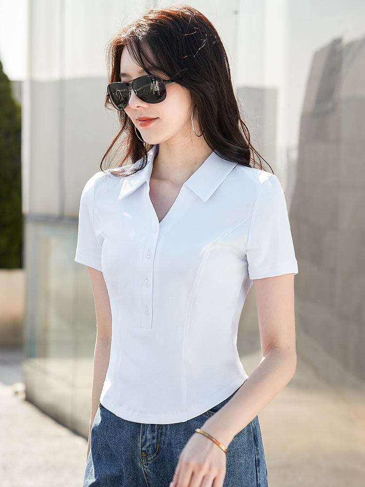 Ins Super Popular Korean Style Elegant Simple Short High Waist Slim Look Summer Wear Lapel Button T-Shirt Half Sleeve Top