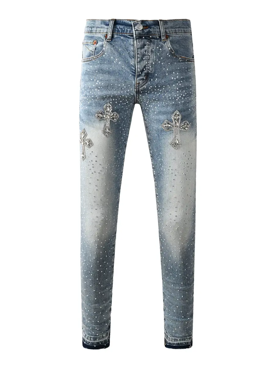 Pur Jeans American Trendy Brand Autumn New Light-Colored Faded Washed Cross-Stitched Rhinestone Slim-Fit Jeans for Men
