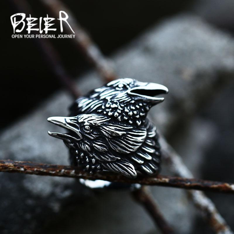 beier New Vintage Nordic Death Messenger Titanium Steel Ring Viking Crow Stainless Steel Cast Men's Ring