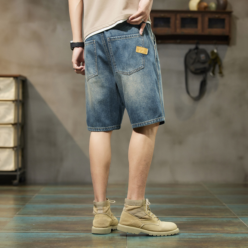 Summer non-elastic retro nostalgic denim shorts men's fashion brand loose straight large size hole five pants wholesale