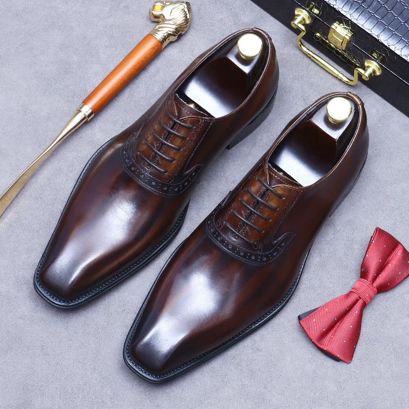 [Big Sale] Pointed Toe Leather Shoes Men's British Business Formal Genuine Leather Large Size Oxford Shoes Trendy Color Matching Handmade Men's Shoes