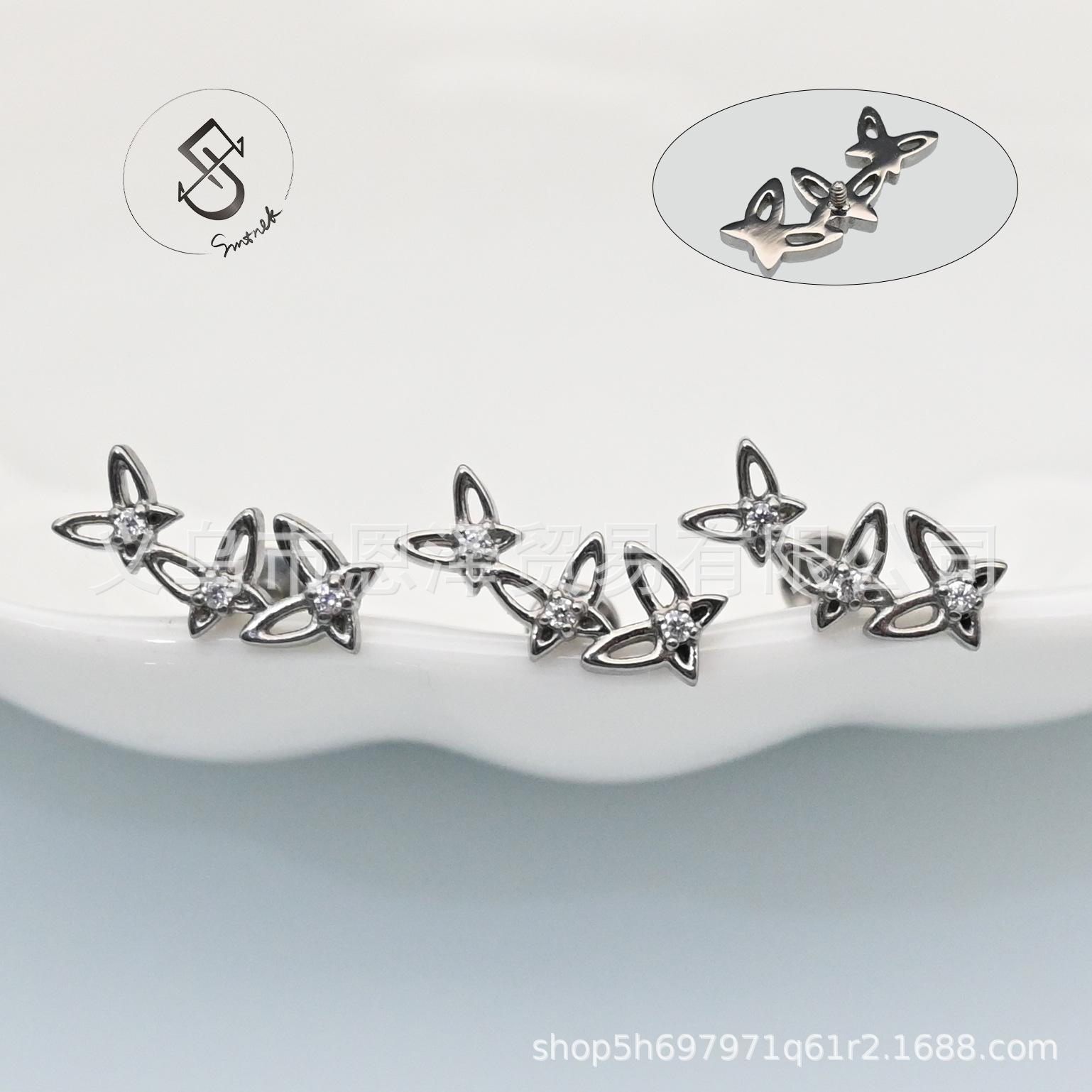 F136 Titanium Alloy Triple Hollow Zircon Butterfly Earrings, Light Luxury Style Triple Butterfly Ear Cartilage Piercing Jewelry Wholesale
