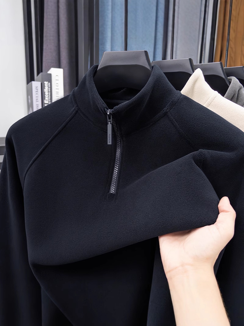 Double-Sided Thermal Fleece Base Layer Men's Half-Zip Winter Warm Stand-Collar Long-Sleeve T-Shirt Casual Versatile Sweatshirt Men's Top