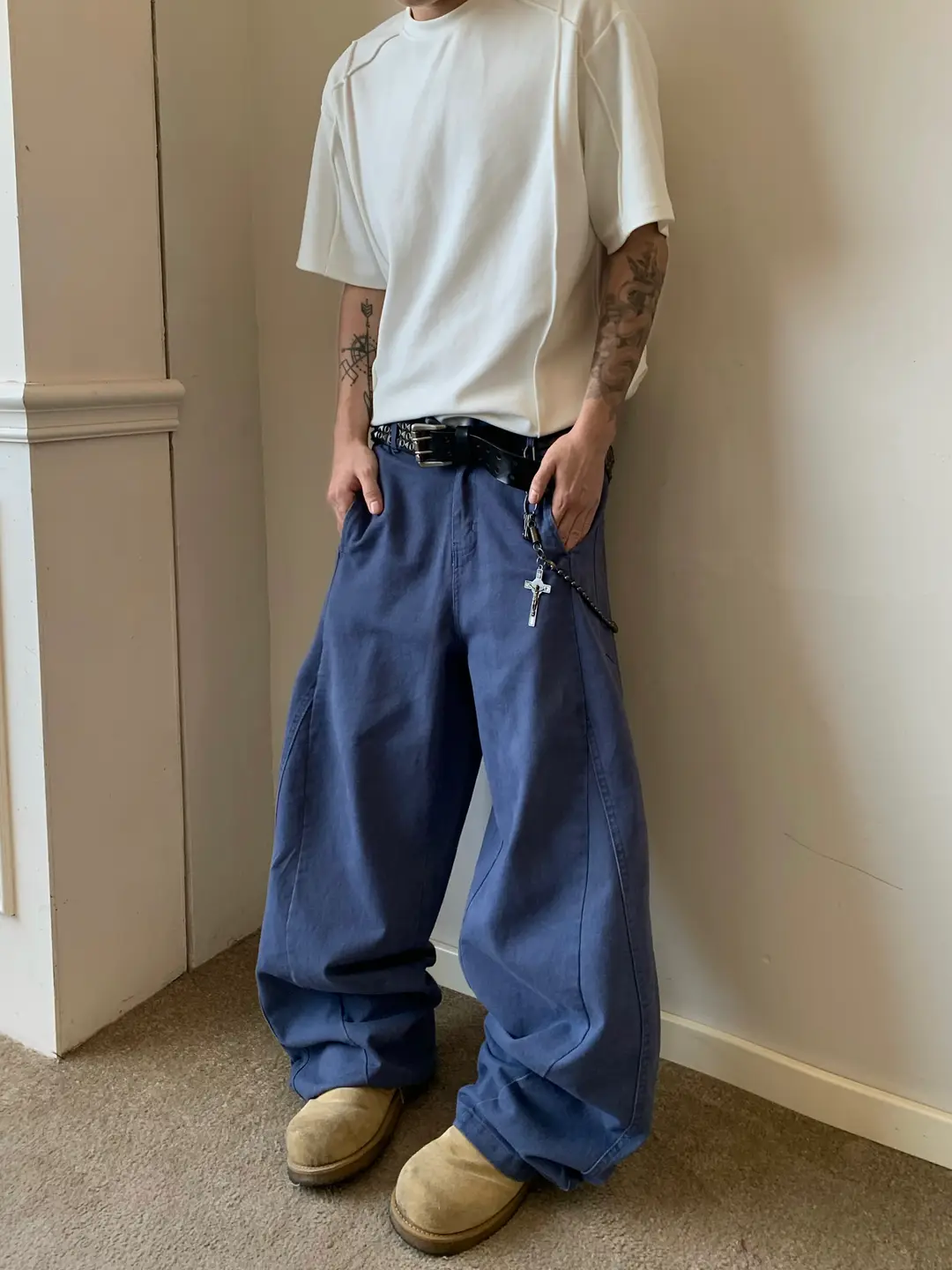 Uekk'French Blue' Vintage Washed Distressed Loose Baggy Scimitar Wide-Leg Logging Work Pants for Men