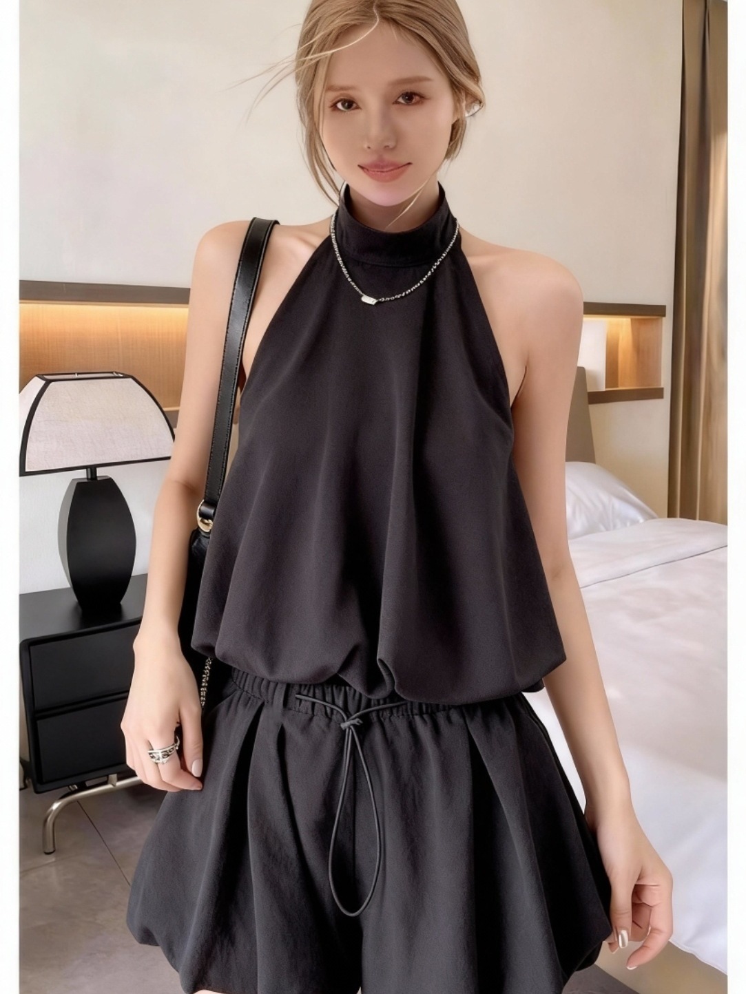 2026 New Summer Sleeveless Floral Off-Shoulder Halter Top Women's Wide-Leg Lantern Shorts Skirt Two-Piece Set