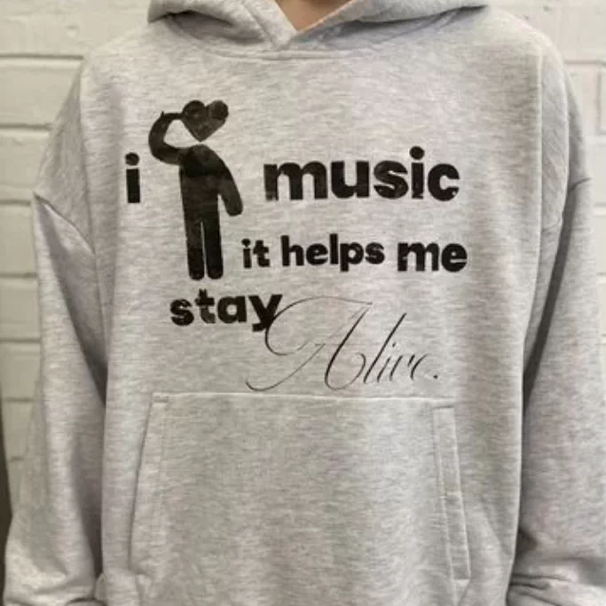 Bonnyonline Music It Helps Me Stay Printed Grey Hooded Sweatshirt
