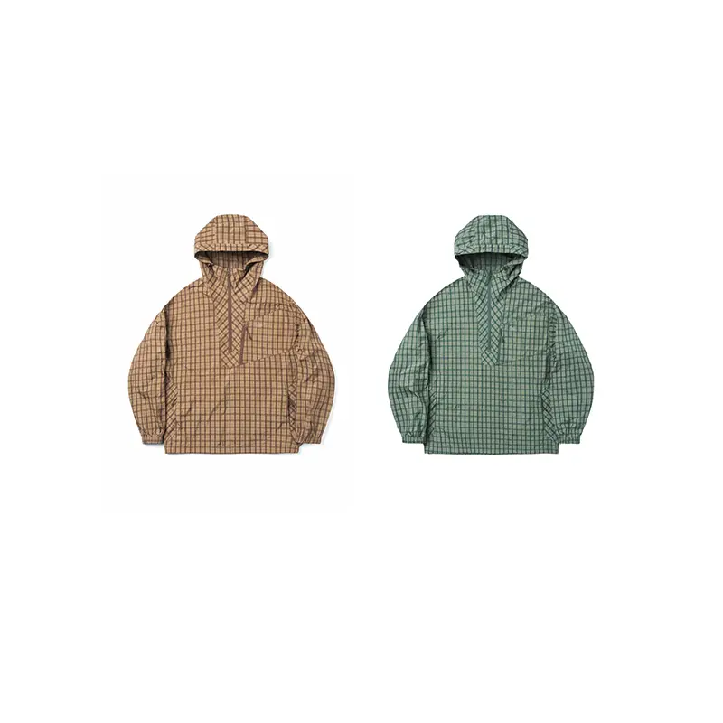 Mountainfever Ss25 Quick-Drying Plaid Fabric Baja Collar Pullover Half-Zip Multi-Pocket Hooded Windbreaker