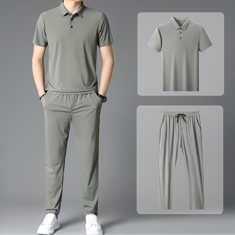 Summer Ice Silk Ultra-thin Breathable Short-sleeved Solid Color Trousers suit Young and Middle-aged Men's Sports Quick-drying All-match Two-piece Set