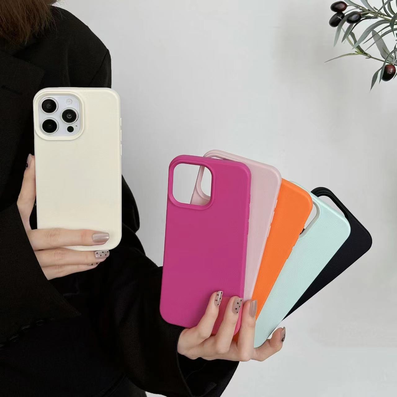 Advanced Leather Pattern Suitable for Apple 15pormax Mobile Phone Case New Ins Lychee Pattern 14 Solid Color Minimalist 13 Drop-Resistant