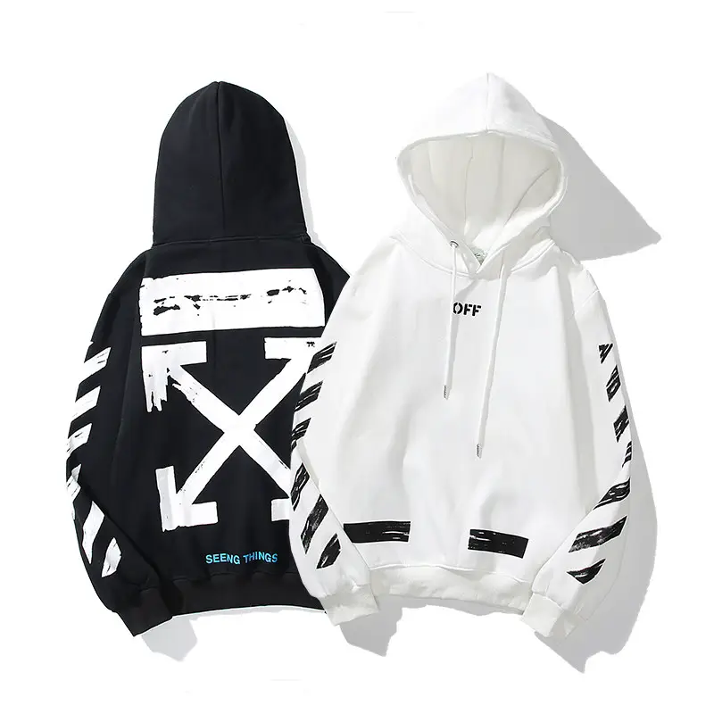 American Trendy Brand Off Caution Line Wo Broken Arrow Hooded Fleece Sweatshirt for Men and Women, Loose Student Long-Sleeve Jacket