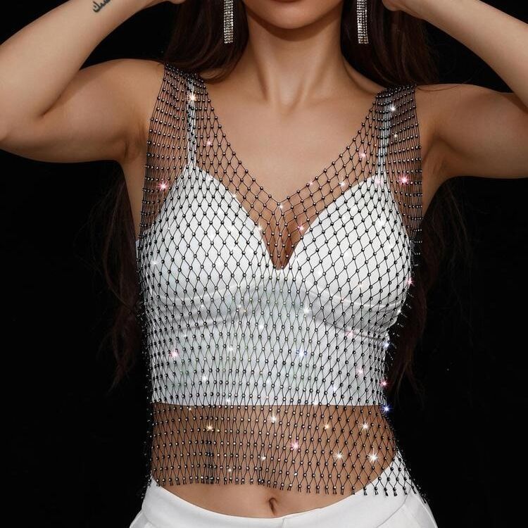 Amazon European and American cross-border rhinestone mesh rhinestone fishing net top sexy sweet style vest mesh crystal T-shirt