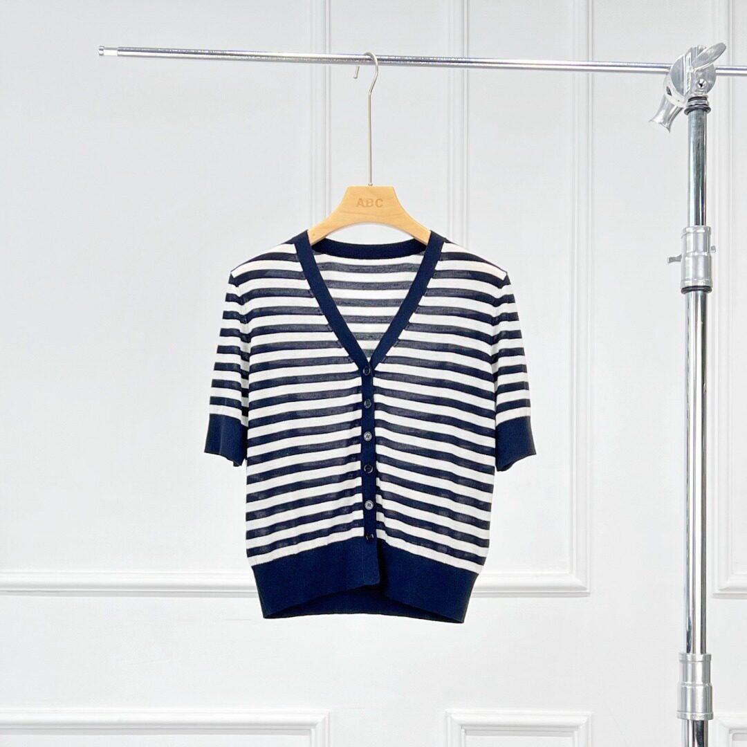 Warren Sea Dragon |   Kw033 26 Spring and Summer New Style Lightweight Blue and White Striped Wool Knitted Short-Sleeved Cardigan for Women