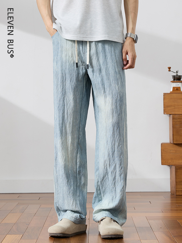 Summer New Ultra-Thin Lyocell Linen Trendy Straight-Leg Casual Pants for Men, Hong Kong Style Retro Trendy Jeans for Men