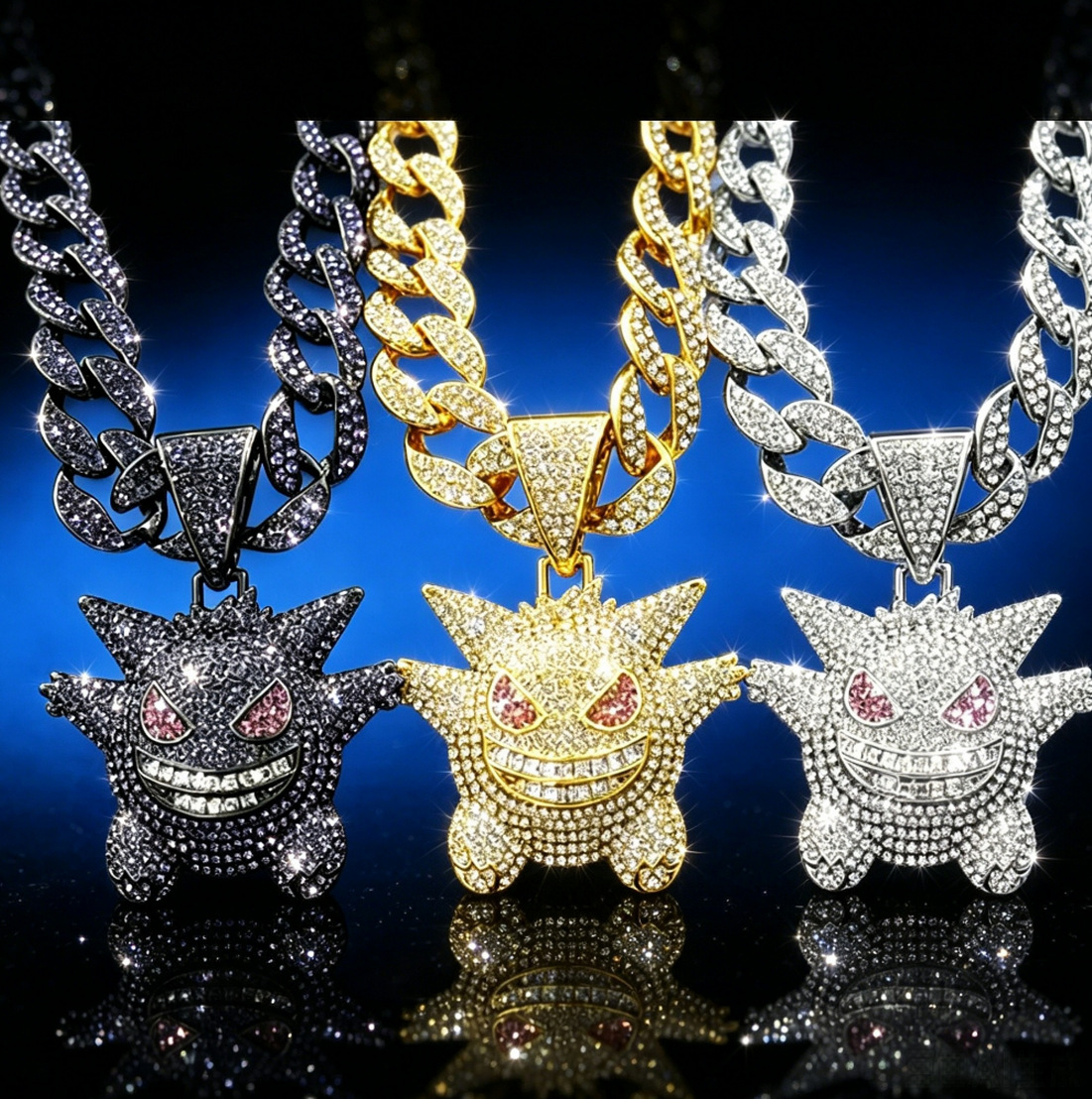 Hip Hop Full Diamond Cuban Necklace hiphop Pokemon Elf Anime Pokemon Pokemon Geng Ghost Alloy Pendant