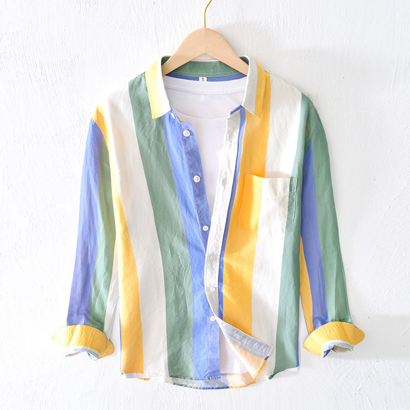 L925 Summer Striped Shirt Men's Long-sleeved Contrasting Color Casual Linen Young Harajuku Style Trendy Cotton Linen Thin Shirt