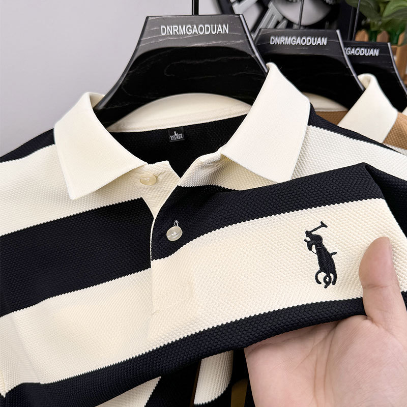 Spring and Autumn New Striped Loose-Fitting Men's Long-Sleeve T-Shirt with a Turn-Down Collar, Casual Embroidered Polo Shirt for Young and Middle-Aged Men