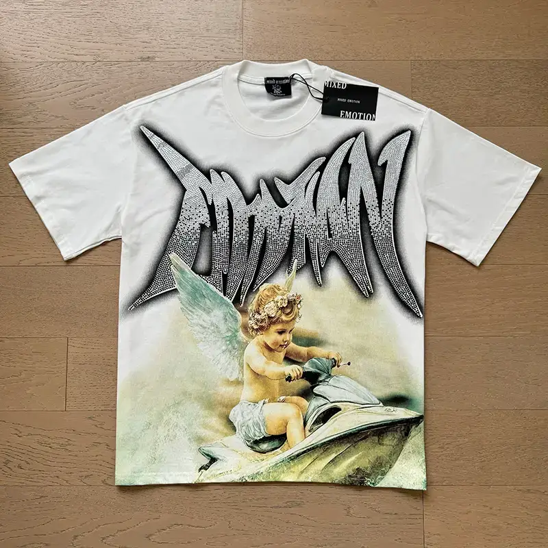 Trendy Brand Mixed Emotion Street Retro Cupid Print Rhinestone T-Shirt for Men and Women, Loose Fit, Oversized Short Sleeve