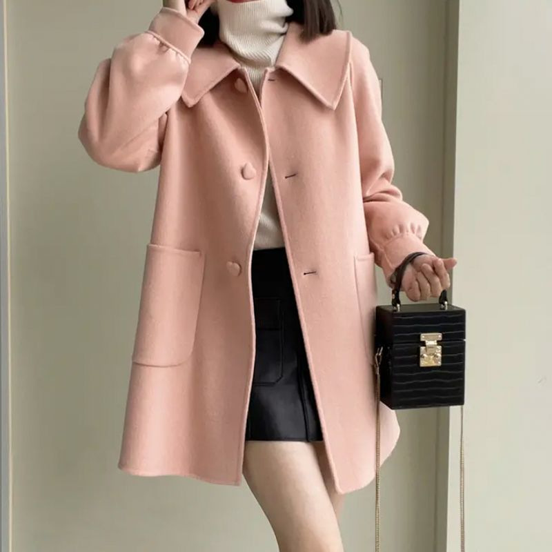 2024 autumn and winter new mid-length love buckle slimming woolen coat slimming age-reducing doll collar woolen coat women's