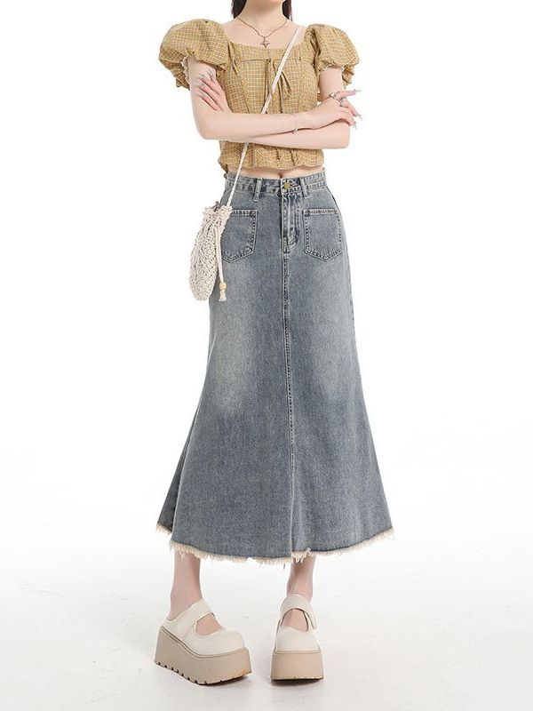 Nostalgic Blue Denim Skirt Women's Summer 2025 New High-Waist Slimming Look Distressed Raw Edge Mid-Length Fishtail Skirt