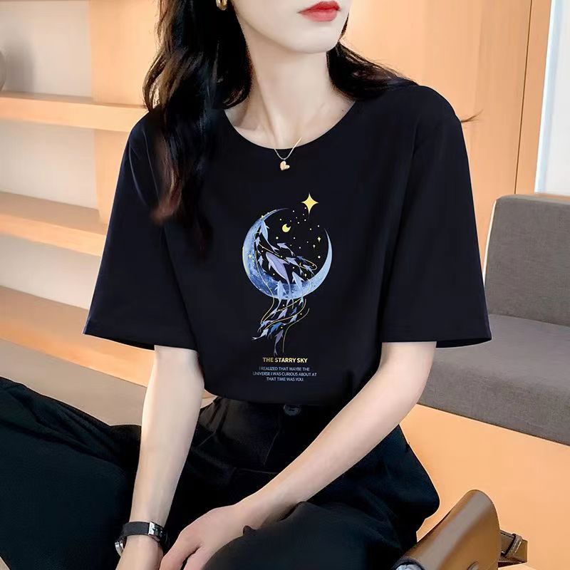 Pure Cotton Short-Sleeved T-Shirt for Women 2025 Summer New Style Loose Round Neck Half-Sleeved T-Shirt with Unique Design and Printing