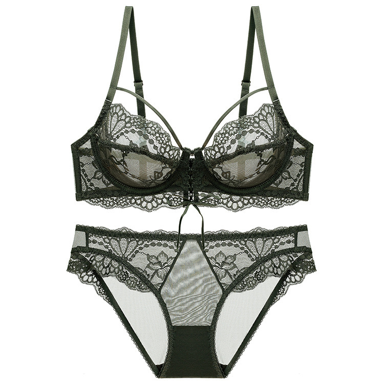 New European and American sexy thin underwear fashion ribbon big chest show small half see-through bra suit