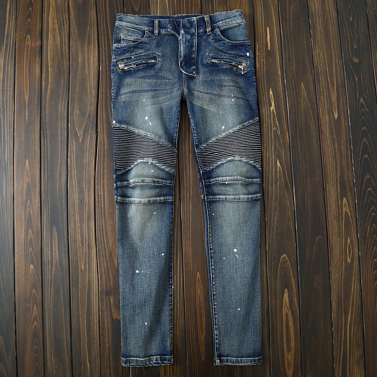 Korean Style Versatile Trendy Slim-Fit Calf-Length Knee Pleated Vintage Retro Stretch Biker Punk Jeans Men's Coated Pants