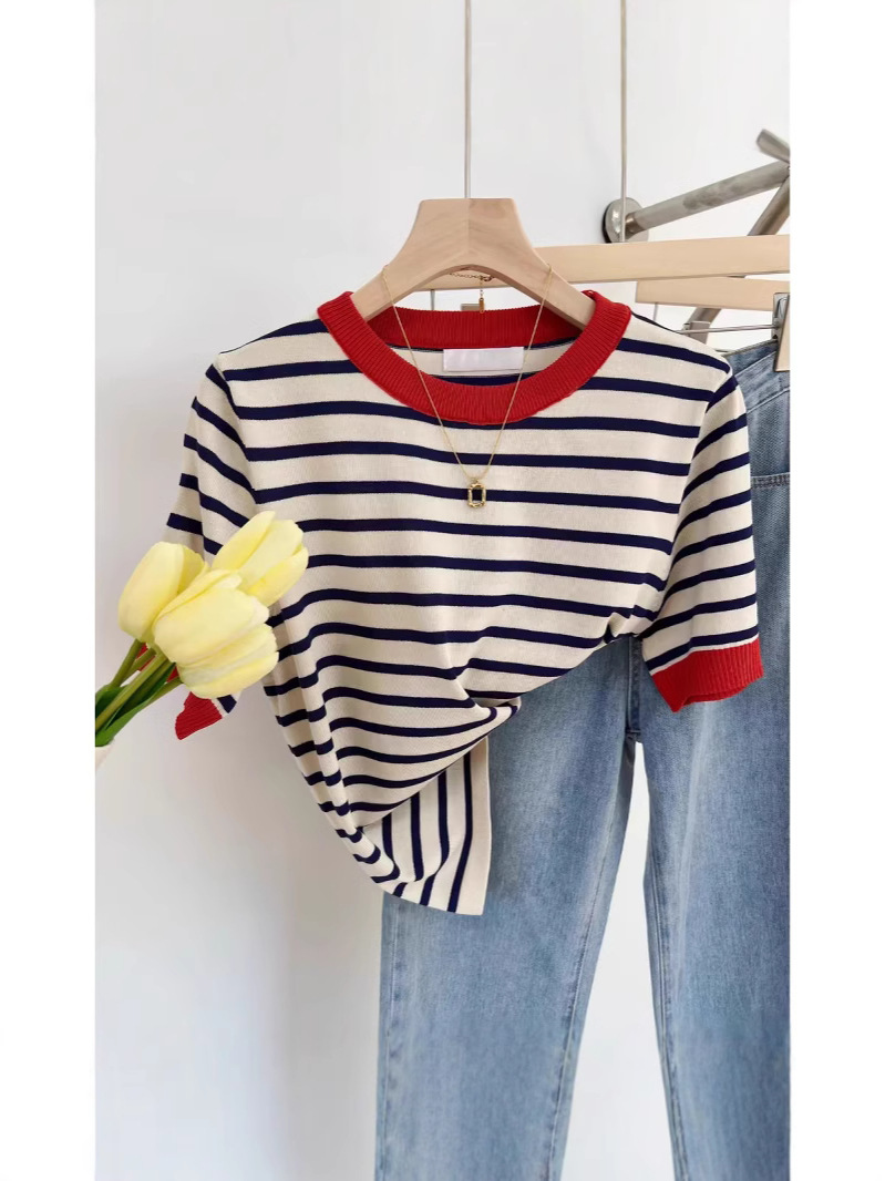 100 Cotton Short-sleeved Women's Crewneck Striped Sweater Half-sleeved Colorblock Loose Vest All-match T-shirt Spring and Summer New Arrival