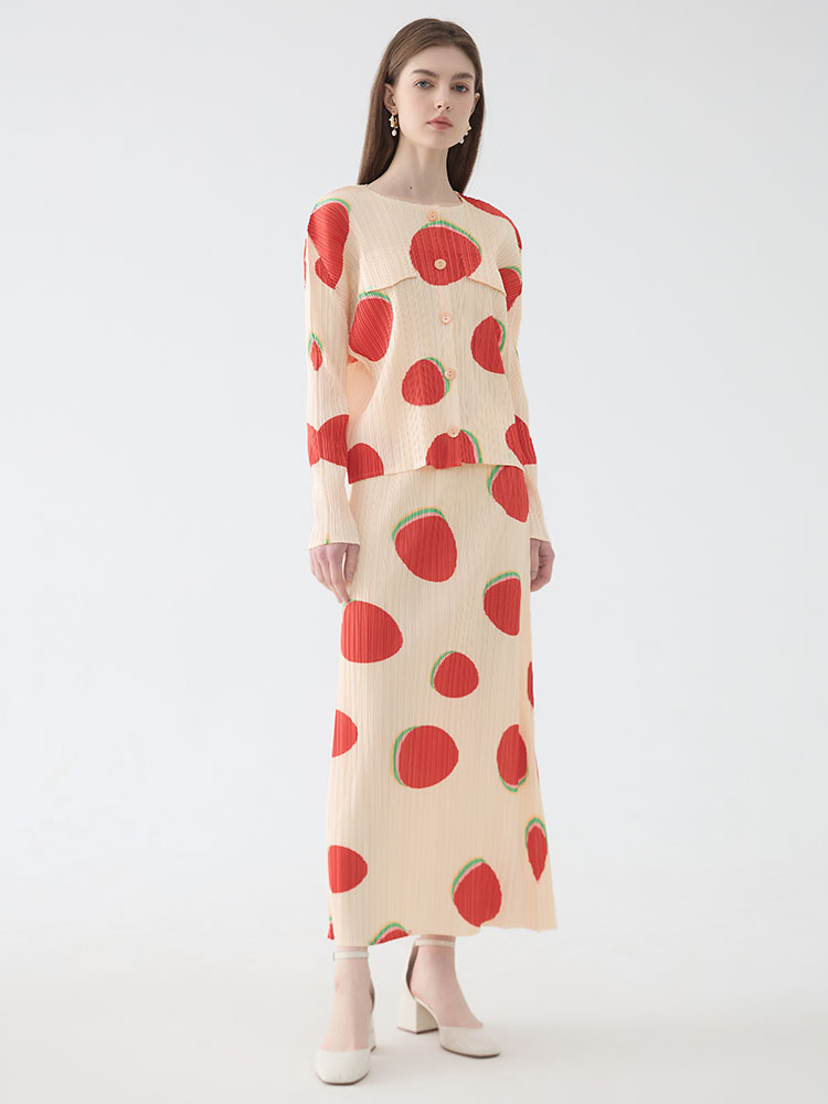 2026 Spring Comfortable and Breathable Women's Outfit: Fudou Print Long Sleeve Shirt and Slim Fit Slit Skirt Two-Piece Set