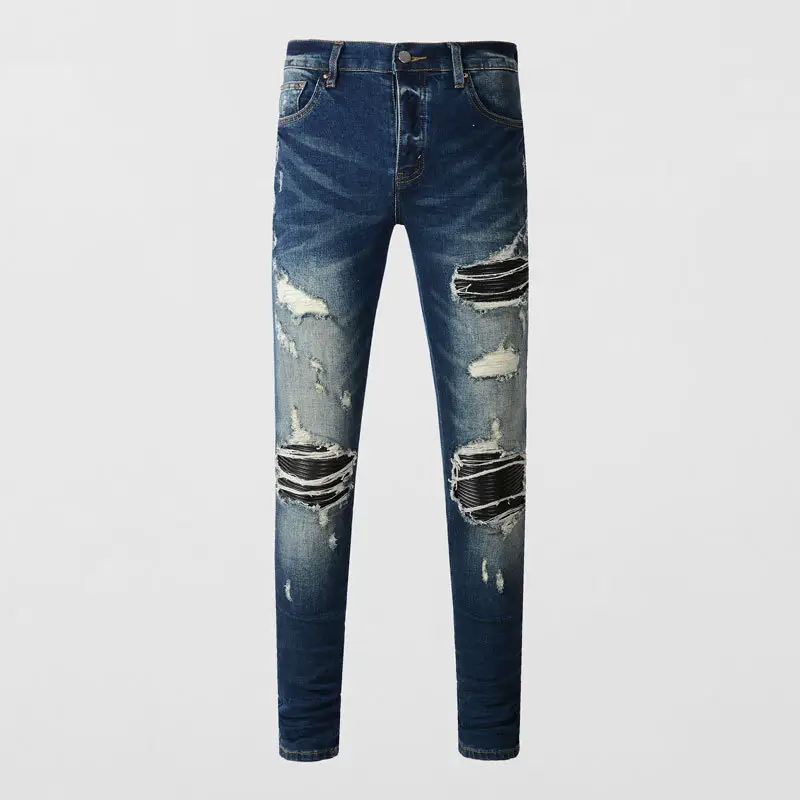 High street fashion ripped men's jeans distressed dark blue patchwork hip hop slim fit micro elastic skinny jeans men's fashion