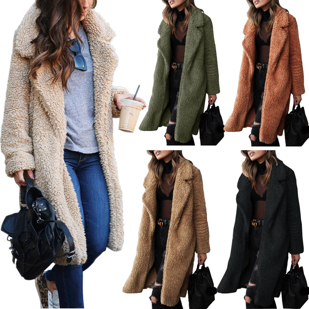 European and American Cross-Border 2023 Autumn and Winter Wish Hot-Selling Export Popular Long-Sleeved Lapel Women's Plush Top Long Outwear for Women