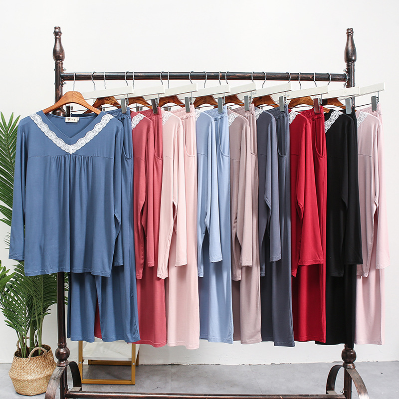 2020 Autumn and Winter New Korean Style Women's Lace V-neck Pajamas Set Long-sleeved Trousers Loose Wide-leg Pants Home Clothes