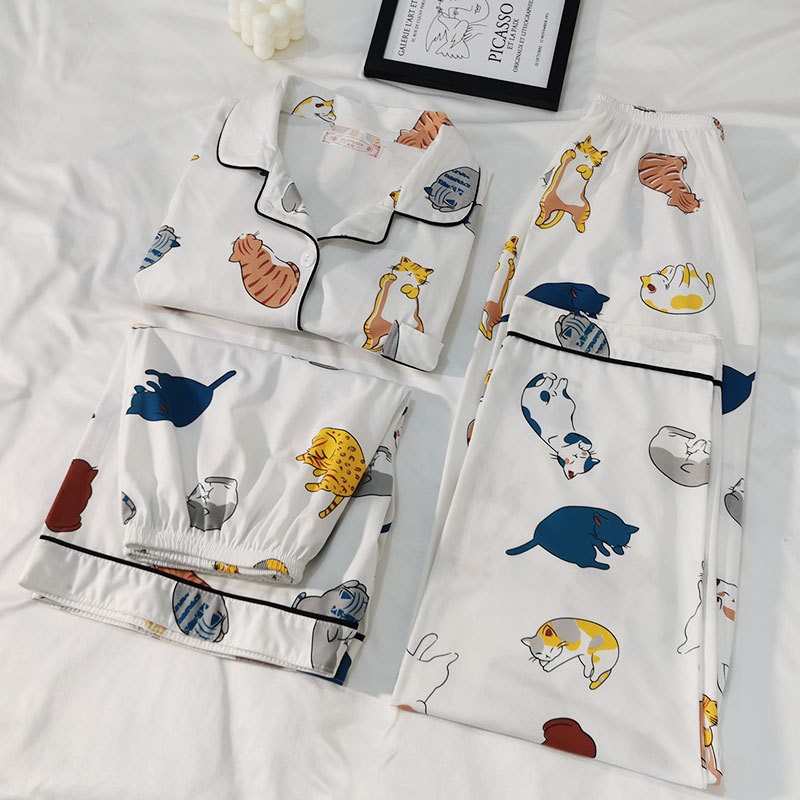 Pajamas for Women, Autumn Cardigan, Short-Sleeved, Cute Cartoon Home Clothes, Fresh and Comfortable Spring and Summer Style, Three-Piece Set for Women