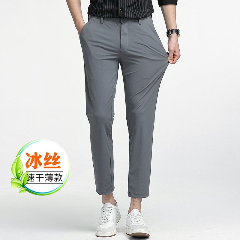 Summer High-end Ice Silk Ultra-thin Stretch Non-ironing Pants Men's Business Straight Casual Pants Men's Pants Cropped Pants Men's