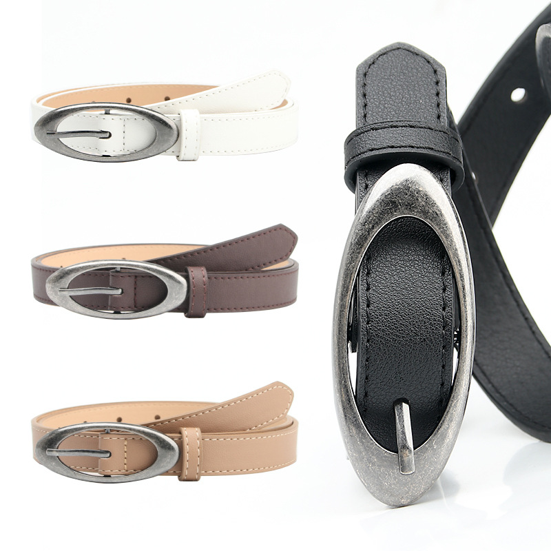 New Oval Ancient Silver Alloy Buckle Belt Women's Fashionable Personalized Casual All-match Jeans Decorative Belt in stock