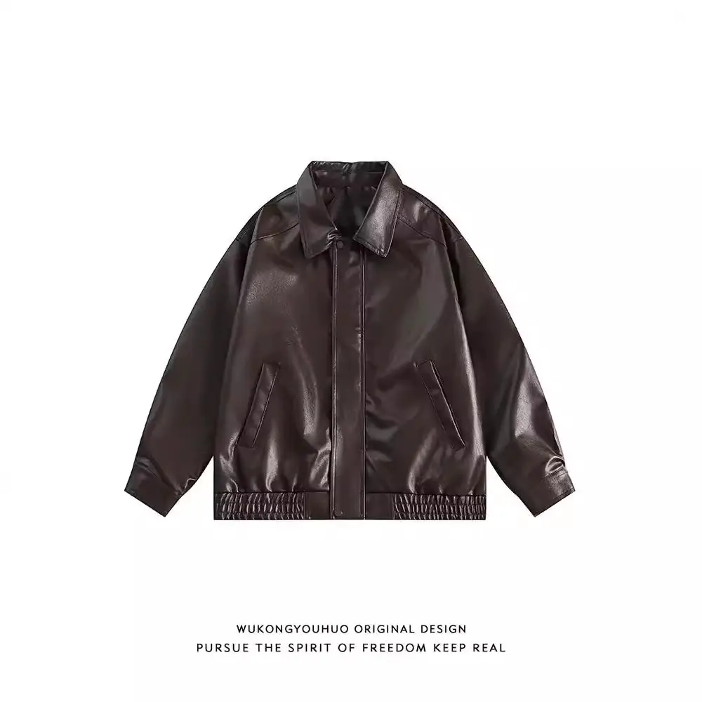 Wukong Has Trendy Solid Color Biker Jackets for Men and Women, American Street Style Loose Versatile Pu Leather Jackets, Melard Coats