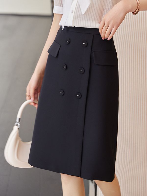 Qiguniang high-grade skirt women's black royal sister light mature style commuter double-breasted business wear sheath skirt