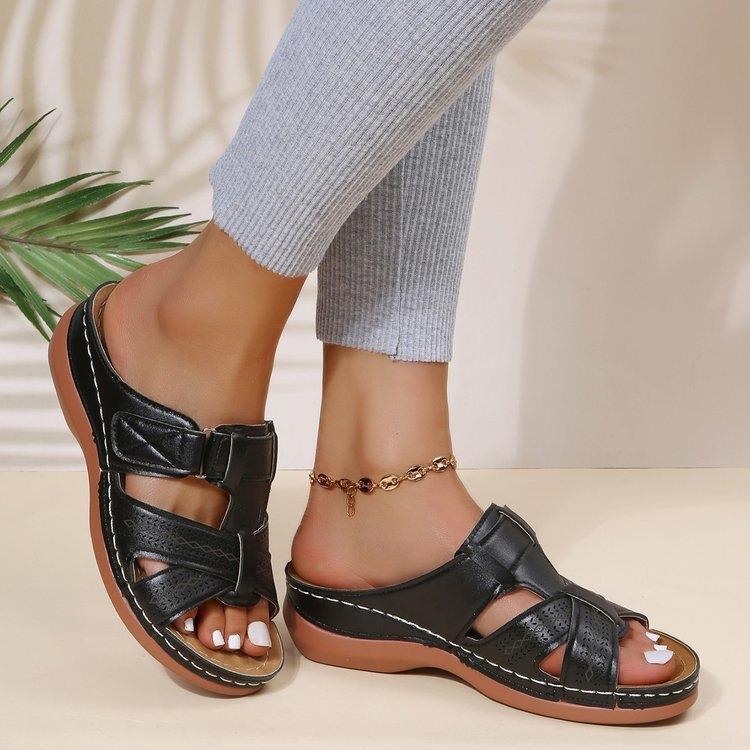 2023 foreign trade plus size summer casual retro wedge platform sewing shoes leather one-line women's shoes slippers fashion