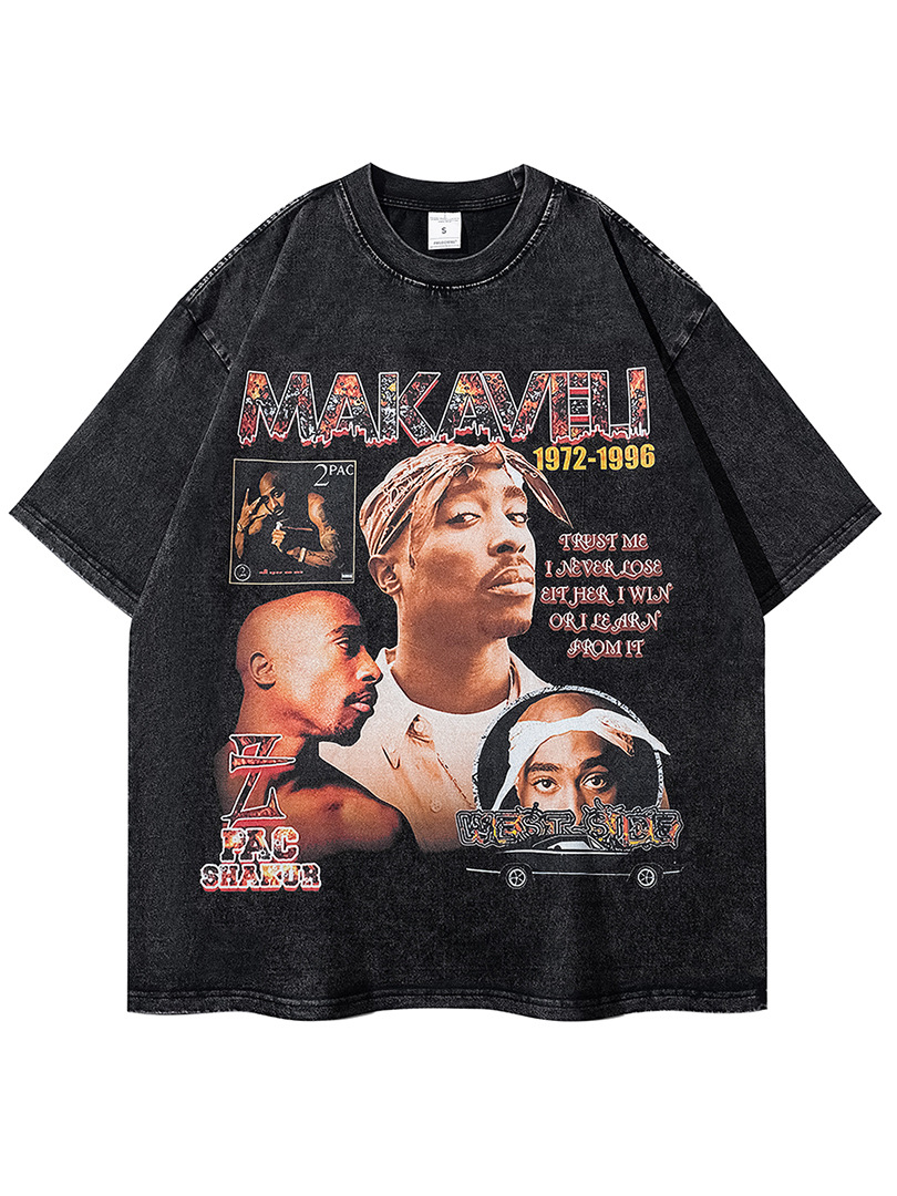 2pact Shirt American Retro High Street Rap Short Sleeve Street Loose Trendy Brand Top Heavy Wash Water T-shirt Men's Cross-Border