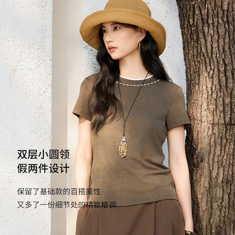 Natural Cooling Fabric Silk and Linen Round Neck Color-Block Short-Sleeve T-Shirt for Women, 2026 Summer New Casual Versatile Top