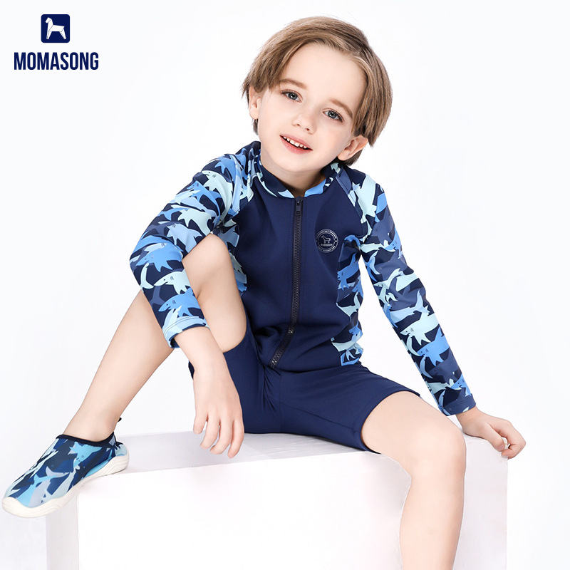 New Kidsren's Swimsuit for Boys, Middle and Large Boys, Camouflage Shark Long-Sleeved Split Sunscreen Quick-Drying Surfing Wetsuit