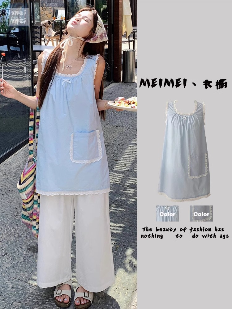 French Sweet Baby Blue Lace U-Neck Vest dress Summer New Arrival Candy Girl Stacked Skirt