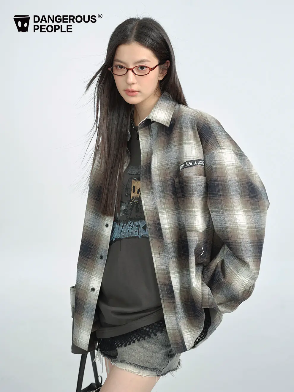 Dangerouspeople Joker Xue Dsp Gradient Plaid Paint Dots Worn Fashion Casual Loose Long sleeves shirt