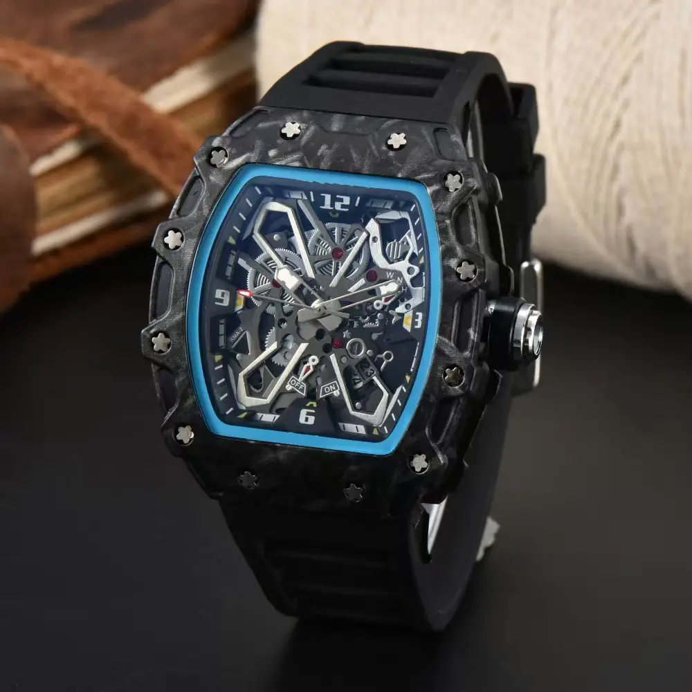 Factory in stock wholesale cross-border foreign trade wine barrel Richard carbon fiber hollow fashion quartz watch men