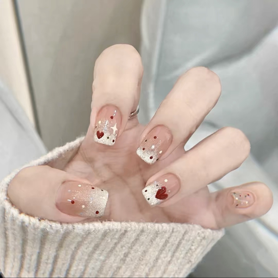 【X】Cat-Eye High-End Handmade Wearable Nails Hand-Painted Girly Ins Polka Dot Dopamine Cute Sweet Nail Stickers
