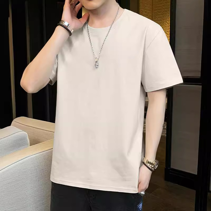 Pure Cotton Short-sleeved T-shirt Men's Hong Kong-style Loose T-shirt Small Shoulder Combed Cotton Plus Size high quality Solid Color Bottoming