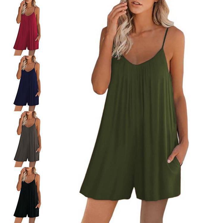 2026 Amazon European and American Cross-Border Summer New Solid Color V-Neck Loose Suspender Jumpsuit Sexy Pajamas