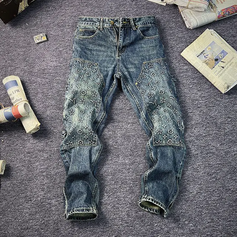 2024 Autumn New Jeans Men's American Retro Trendy Brand Embossed Old Straight Tube Loose Horse Willow Splicing Elasticity